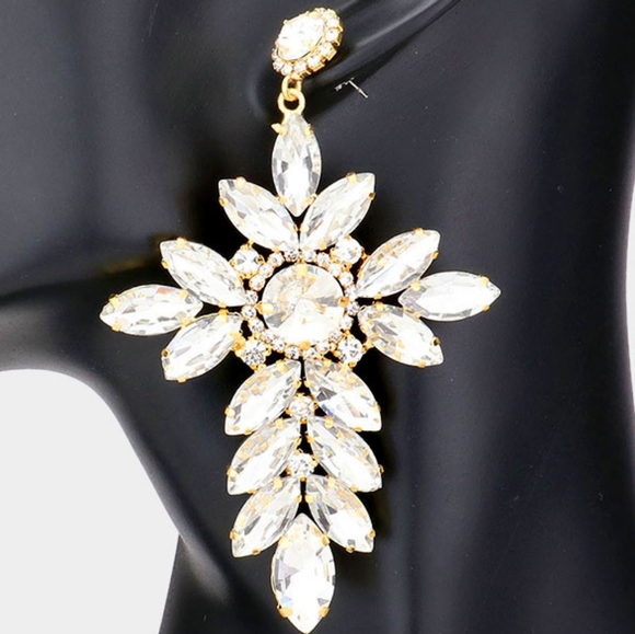 Crystal Gold Dangle Cross Earrings 3.75" Drop Cluster Marquise Stone Jewelry - Picture 2 of 2